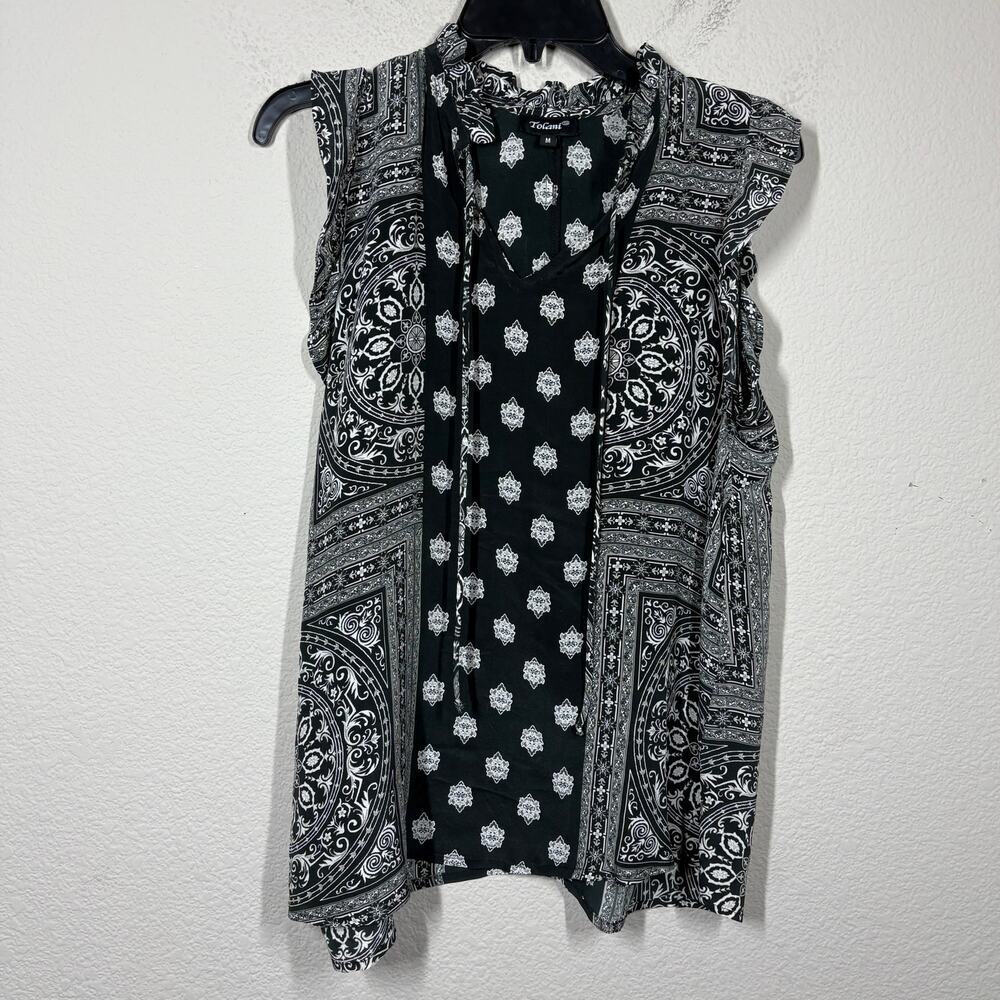 Tolani Medium Boho Peasant Bandana Print Blouse Black Ruffle V Necktie 100% Silk